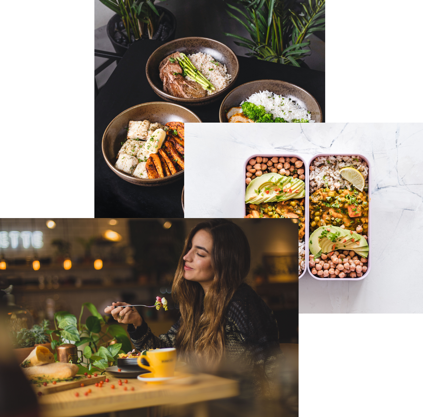 a women enjoying food ,meals in storage container and food bowls on a table